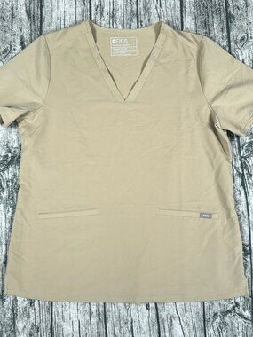 FIGS FW1100 Womens Scrub Top L Khaki Tan Slim Fit V-Neck